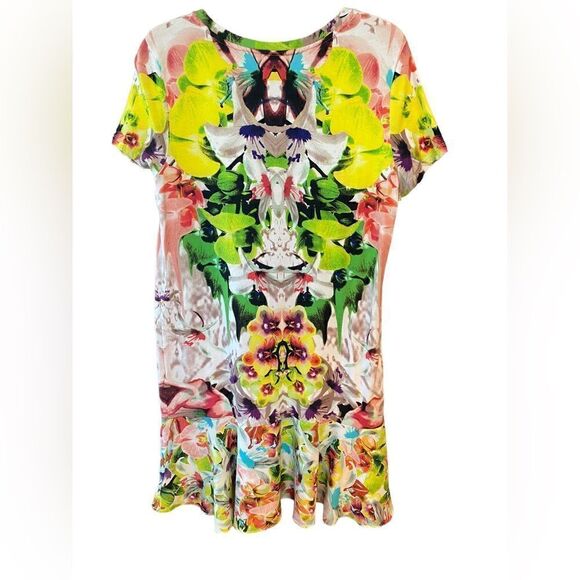 Parabal Gurung Sz M Néon Yellow Ink Blot Print Sheer Kick Hem Shift Dress - Picture 4 of 7